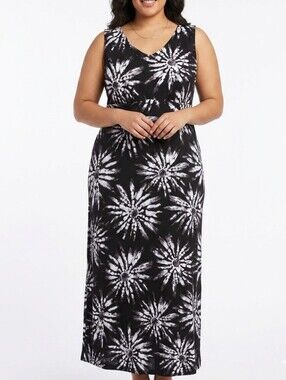4x Plus Size Catherines Black & White Tie-Dye Sleeveless Maxi Dress Full Length